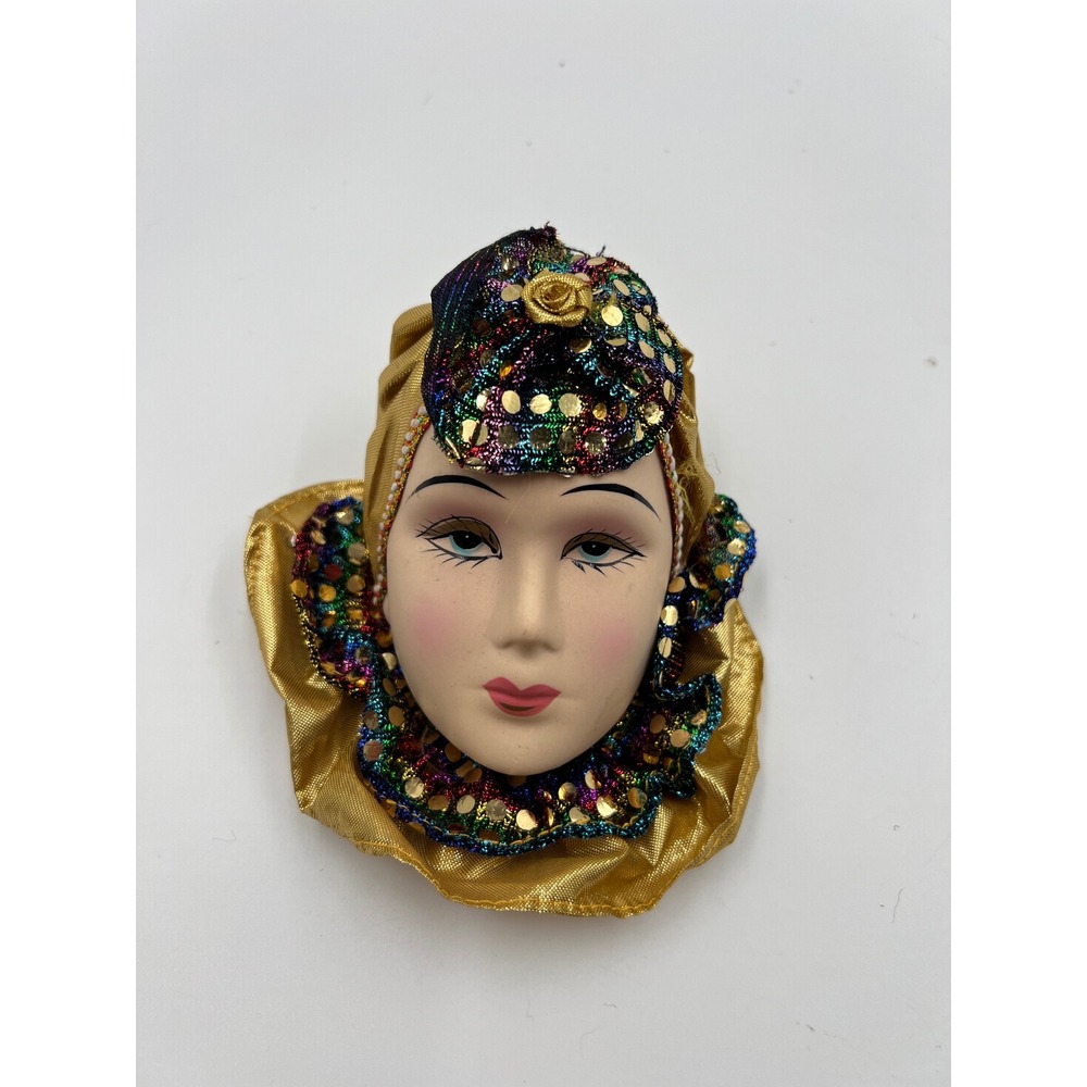 Vintage 80s Art Deco Revival Ceramic Lady Wall Mask Gold Harlequin Mardi Gras